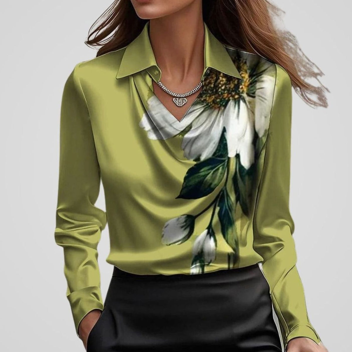 Adele | Women’s Collared Cowl Neck Satin Long Sleeve Blouse