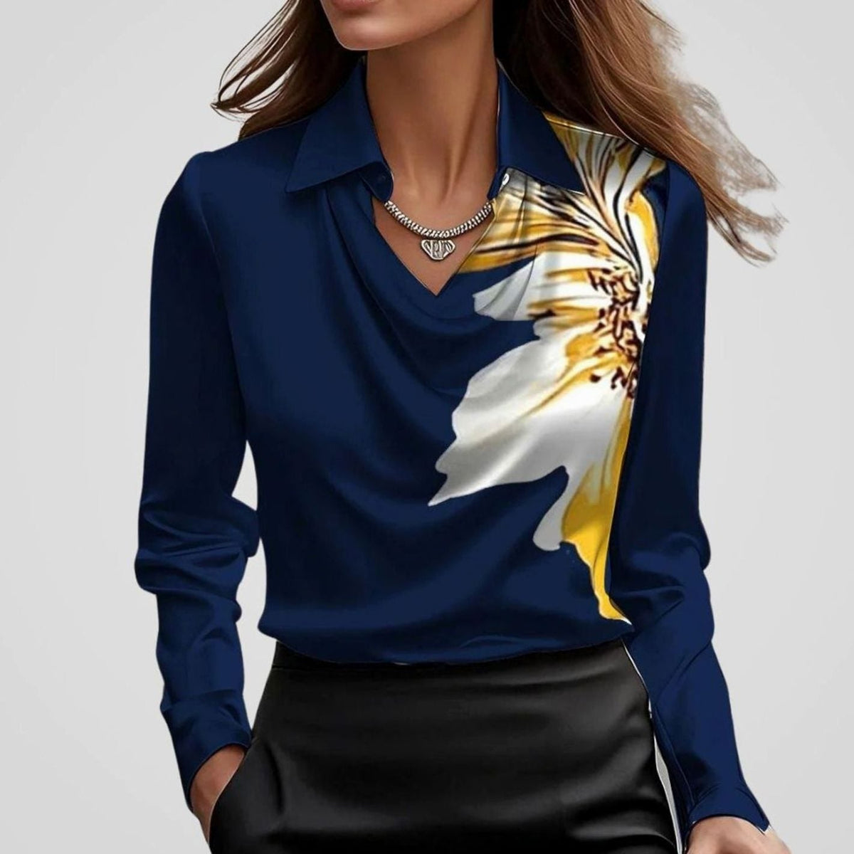Adele | Women’s Collared Cowl Neck Satin Long Sleeve Blouse