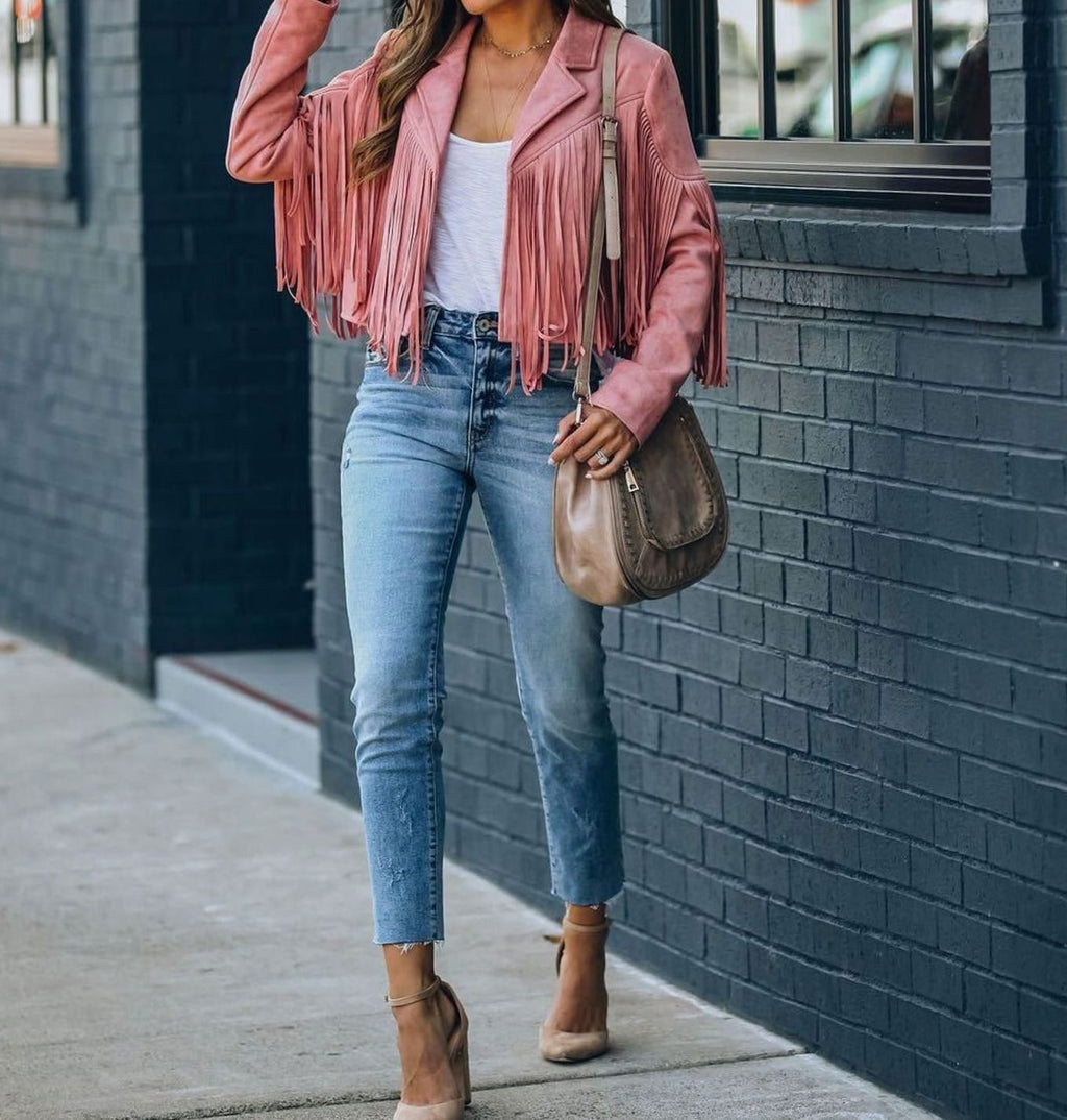 Dallas | Women’s Faux-Suede Western Fringe Open-Front Cropped Jacket