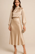 Aurelia | Women’s High Mock Neck Long Sleeve Satin Midi Dress