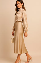 Aurelia | Women’s High Mock Neck Long Sleeve Satin Midi Dress