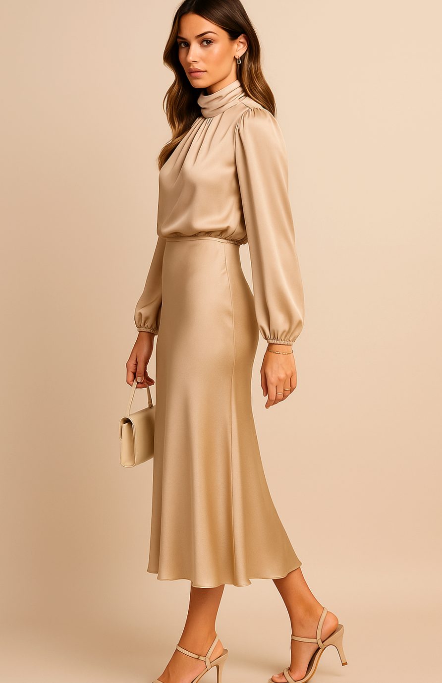 Aurelia | Women’s High Mock Neck Long Sleeve Satin Midi Dress