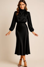 Aurelia | Women’s High Mock Neck Long Sleeve Satin Midi Dress