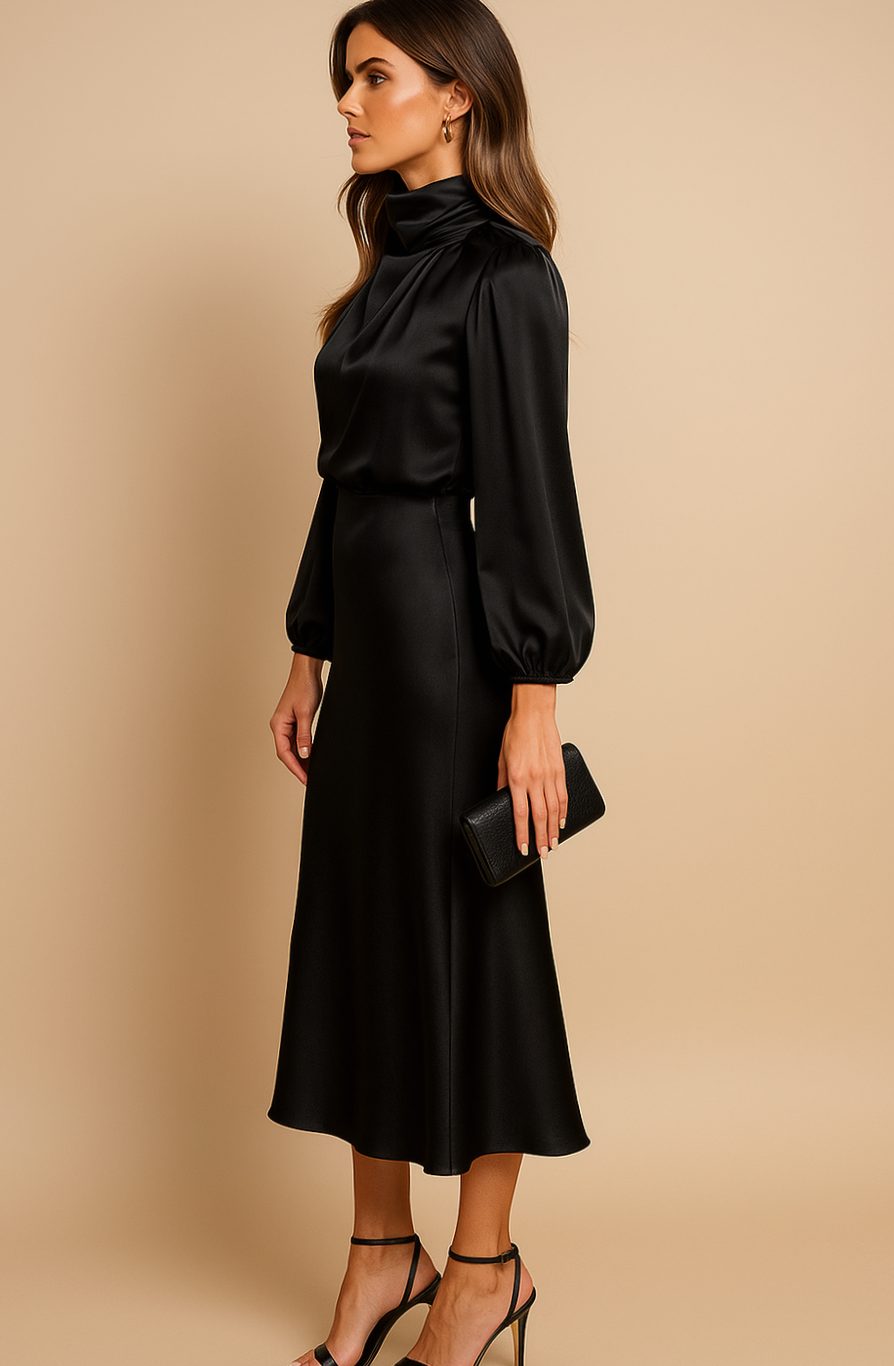 Aurelia | Women’s High Mock Neck Long Sleeve Satin Midi Dress