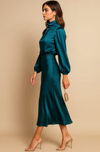 Aurelia | Women’s High Mock Neck Long Sleeve Satin Midi Dress