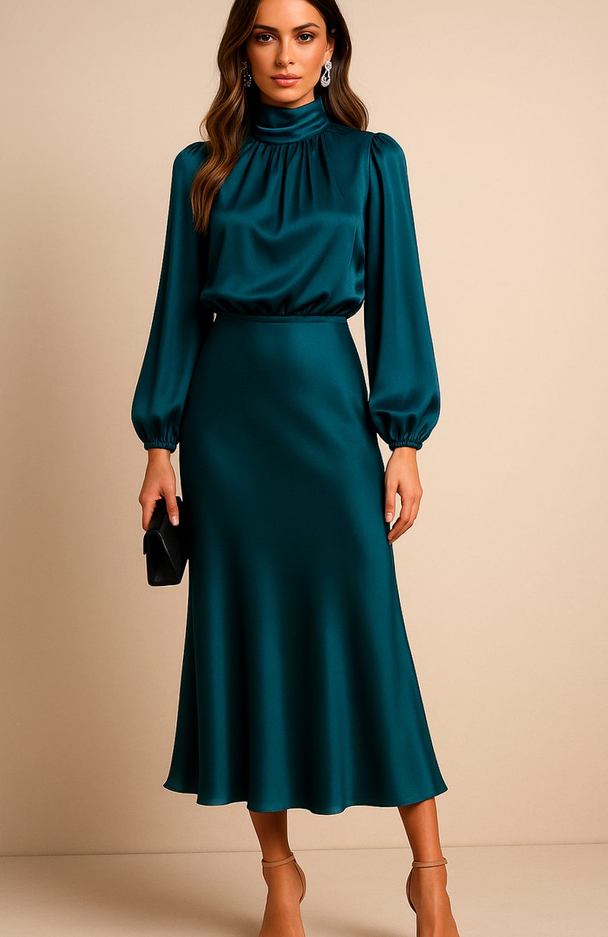 Aurelia | Women’s High Mock Neck Long Sleeve Satin Midi Dress