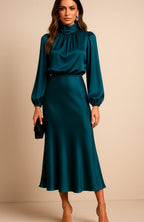 Aurelia | Women’s High Mock Neck Long Sleeve Satin Midi Dress