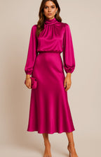 Aurelia | Women’s High Mock Neck Long Sleeve Satin Midi Dress