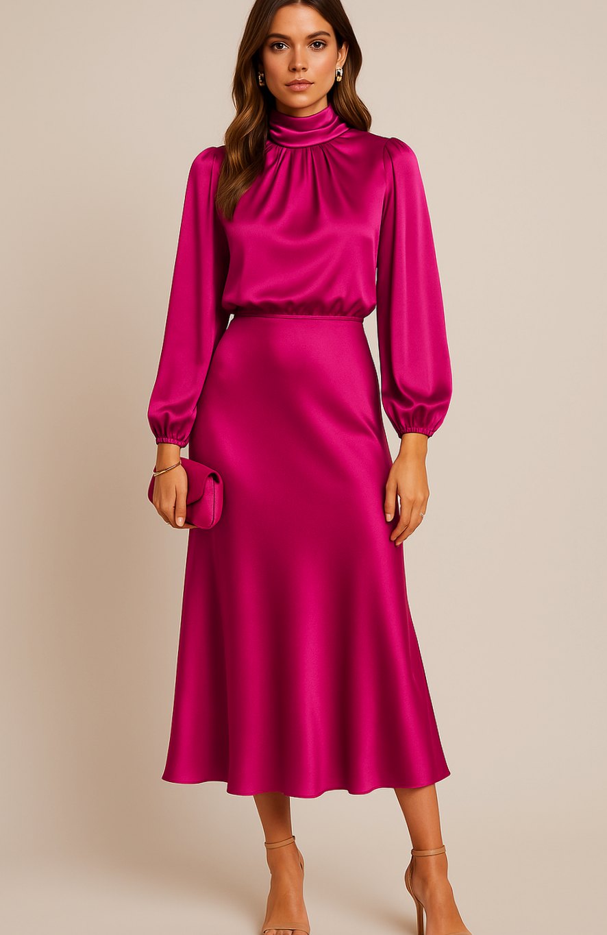 Aurelia | Women’s High Mock Neck Long Sleeve Satin Midi Dress