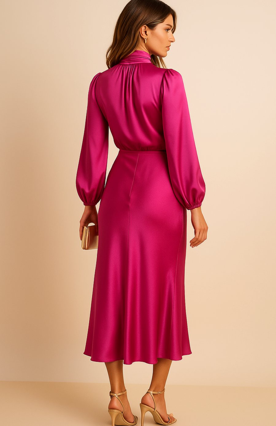 Aurelia | Women’s High Mock Neck Long Sleeve Satin Midi Dress