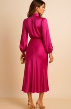 Aurelia | Women’s High Mock Neck Long Sleeve Satin Midi Dress
