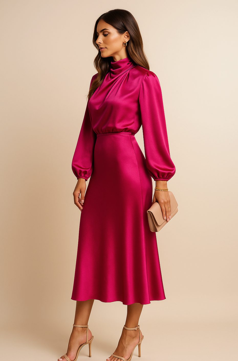 Aurelia | Women’s High Mock Neck Long Sleeve Satin Midi Dress
