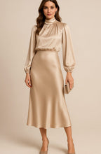 Aurelia | Women’s High Mock Neck Long Sleeve Satin Midi Dress