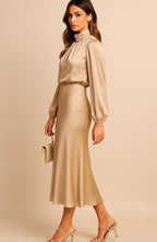 Aurelia | Women’s High Mock Neck Long Sleeve Satin Midi Dress