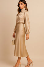 Aurelia | Women’s High Mock Neck Long Sleeve Satin Midi Dress