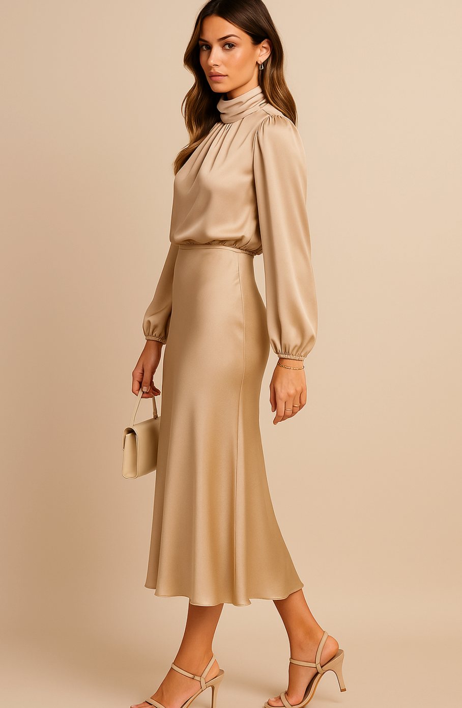 Aurelia | Women’s High Mock Neck Long Sleeve Satin Midi Dress