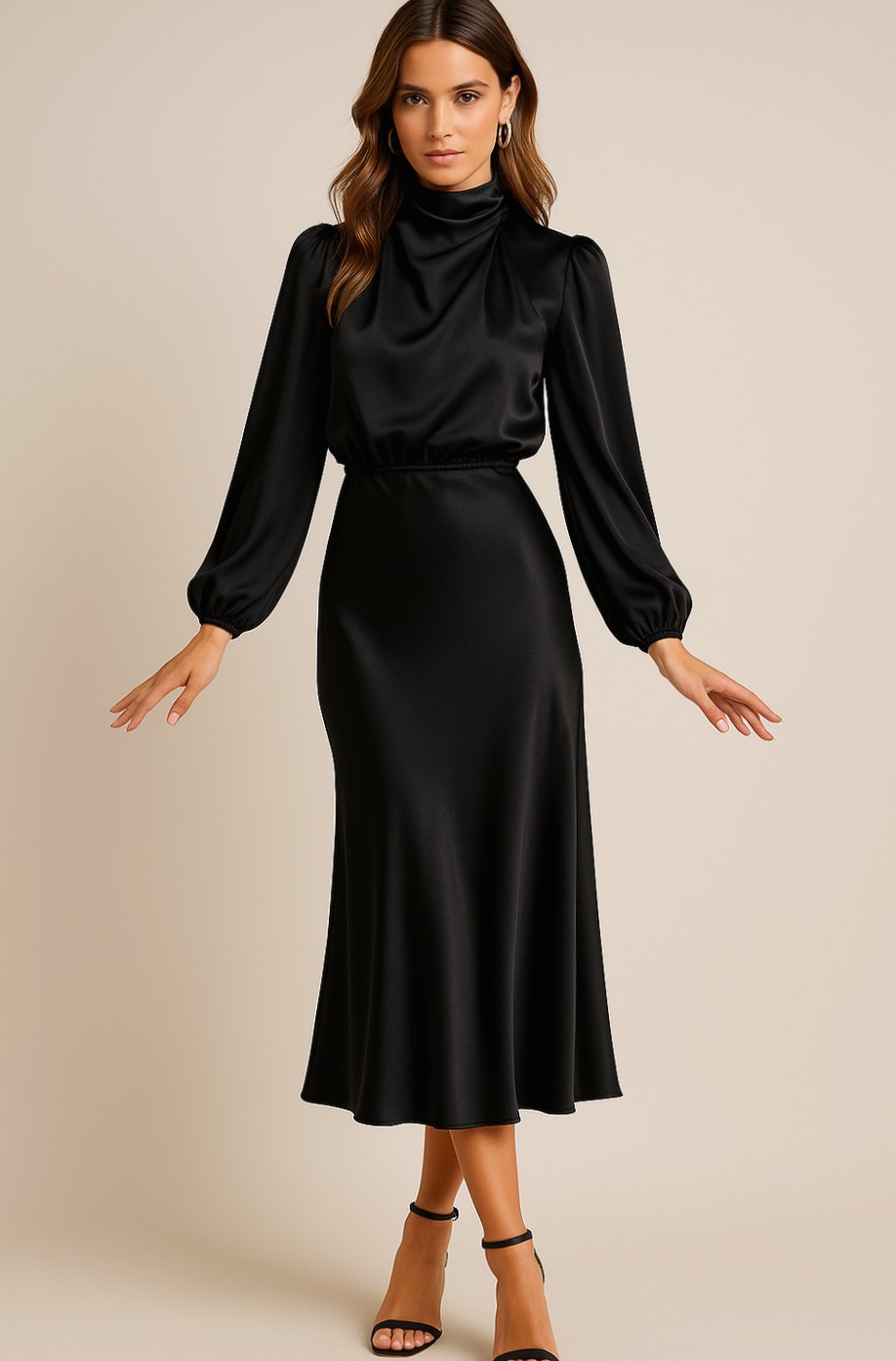 Aurelia | Women’s High Mock Neck Long Sleeve Satin Midi Dress