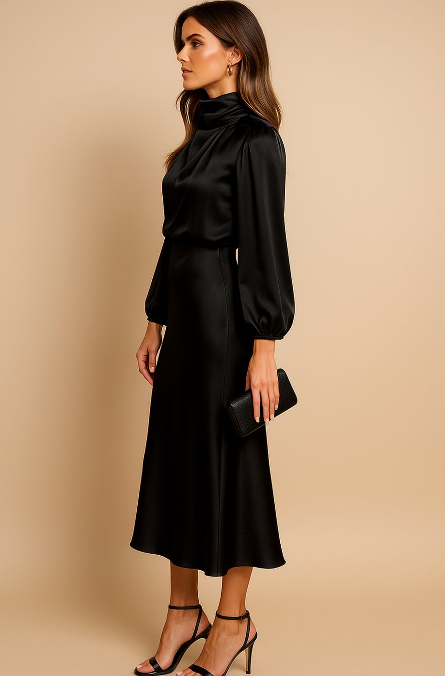 Aurelia | Women’s High Mock Neck Long Sleeve Satin Midi Dress
