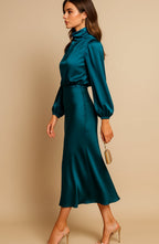 Aurelia | Women’s High Mock Neck Long Sleeve Satin Midi Dress