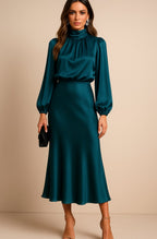 Aurelia | Women’s High Mock Neck Long Sleeve Satin Midi Dress