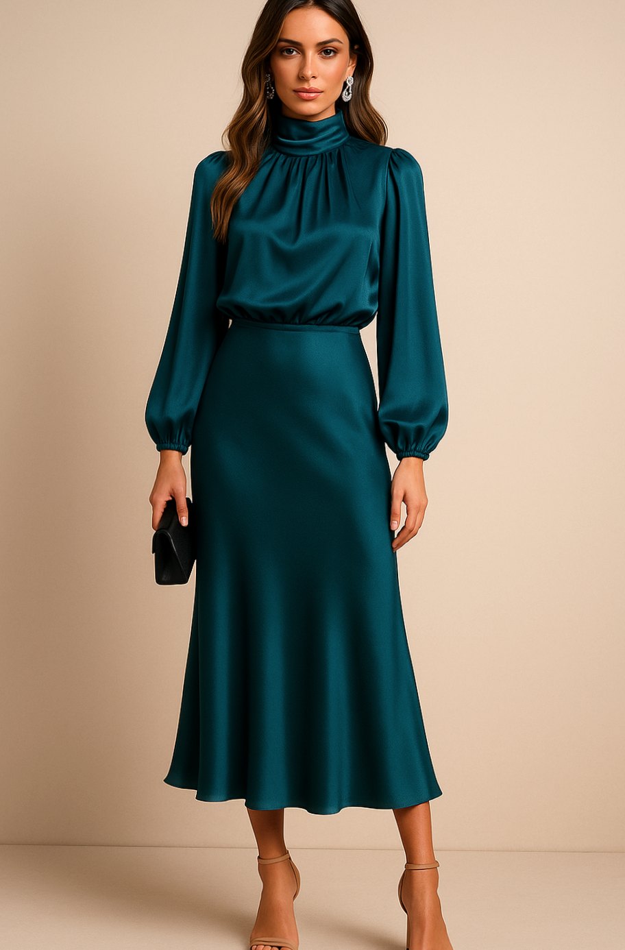 Aurelia | Women’s High Mock Neck Long Sleeve Satin Midi Dress