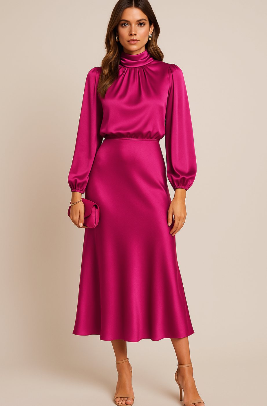 Aurelia | Women’s High Mock Neck Long Sleeve Satin Midi Dress
