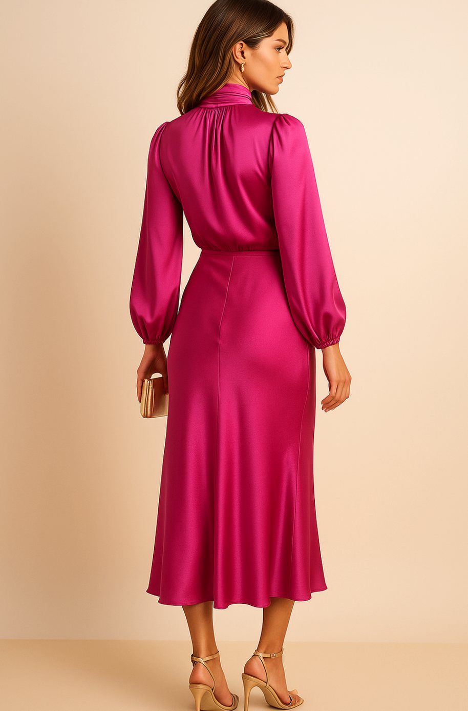 Aurelia | Women’s High Mock Neck Long Sleeve Satin Midi Dress