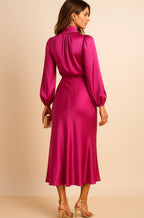 Aurelia | Women’s High Mock Neck Long Sleeve Satin Midi Dress