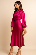 Aurelia | Women’s High Mock Neck Long Sleeve Satin Midi Dress