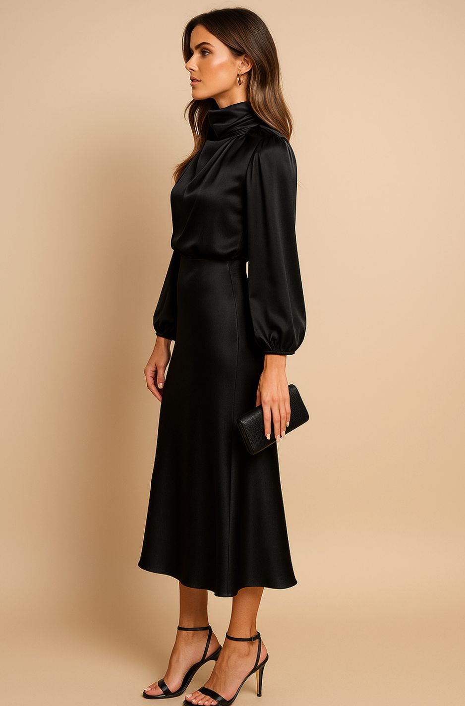 Aurelia | Women’s High Mock Neck Long Sleeve Satin Midi Dress
