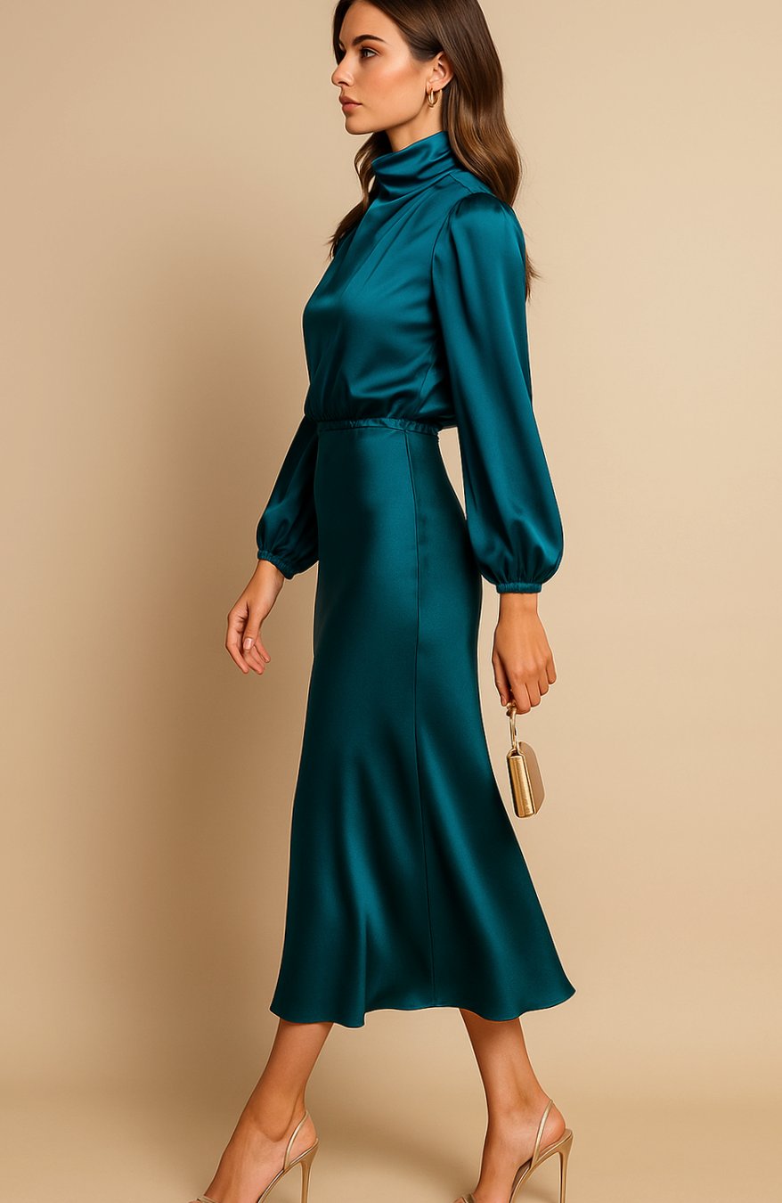 Aurelia | Women’s High Mock Neck Long Sleeve Satin Midi Dress