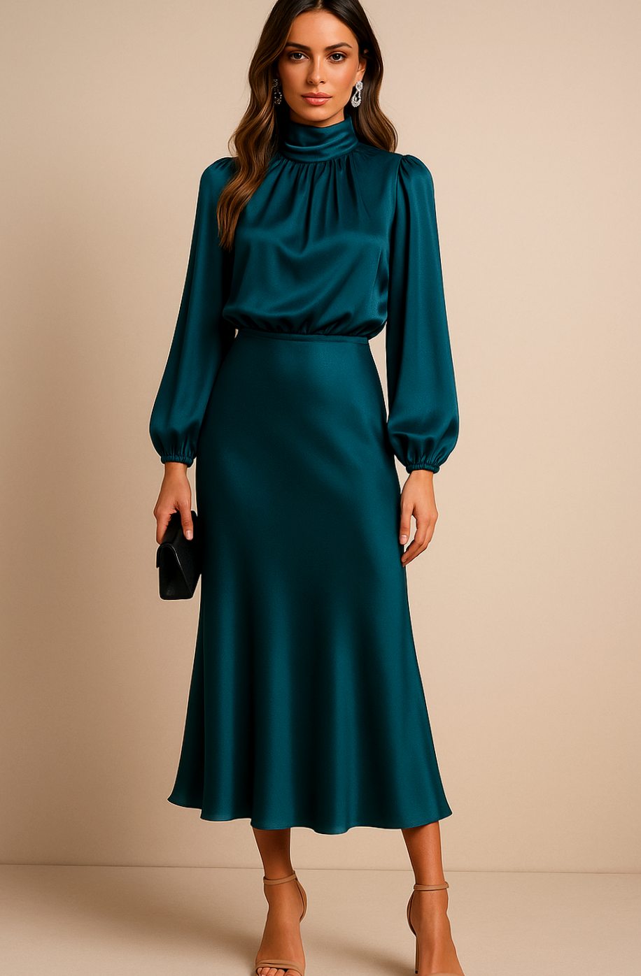 Aurelia | Women’s High Mock Neck Long Sleeve Satin Midi Dress