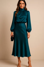 Aurelia | Women’s High Mock Neck Long Sleeve Satin Midi Dress