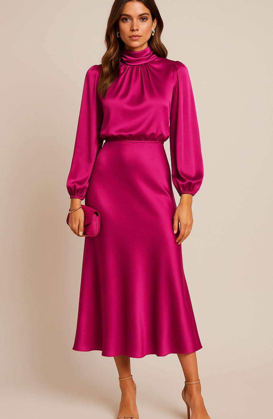 Aurelia | Women’s High Mock Neck Long Sleeve Satin Midi Dress