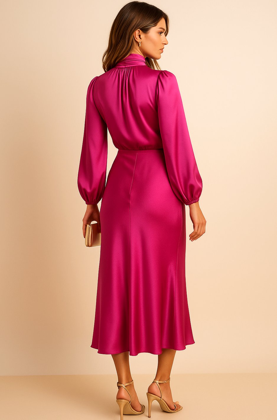 Aurelia | Women’s High Mock Neck Long Sleeve Satin Midi Dress