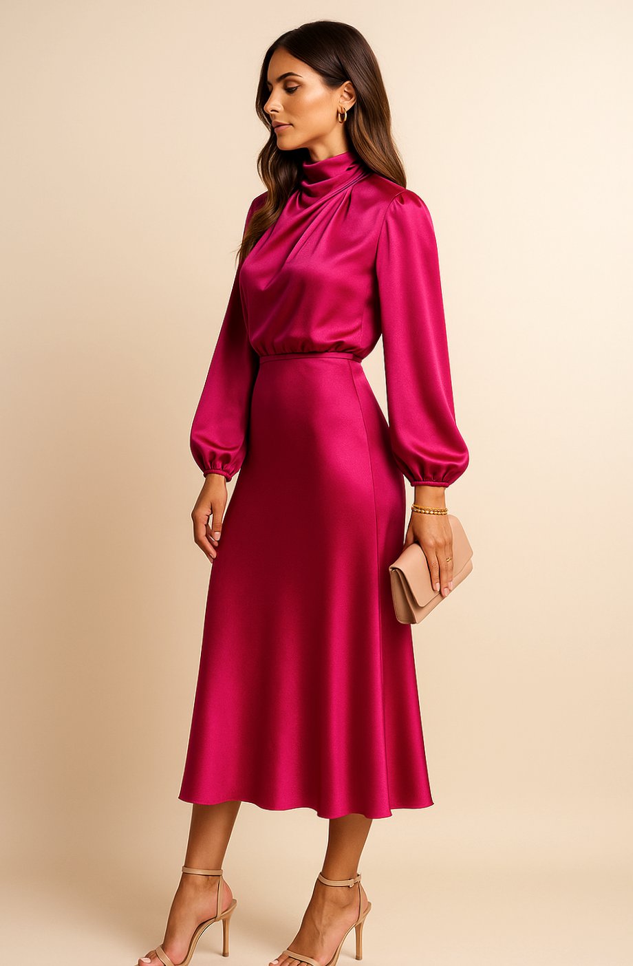 Aurelia | Women’s High Mock Neck Long Sleeve Satin Midi Dress