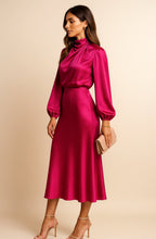 Aurelia | Women’s High Mock Neck Long Sleeve Satin Midi Dress