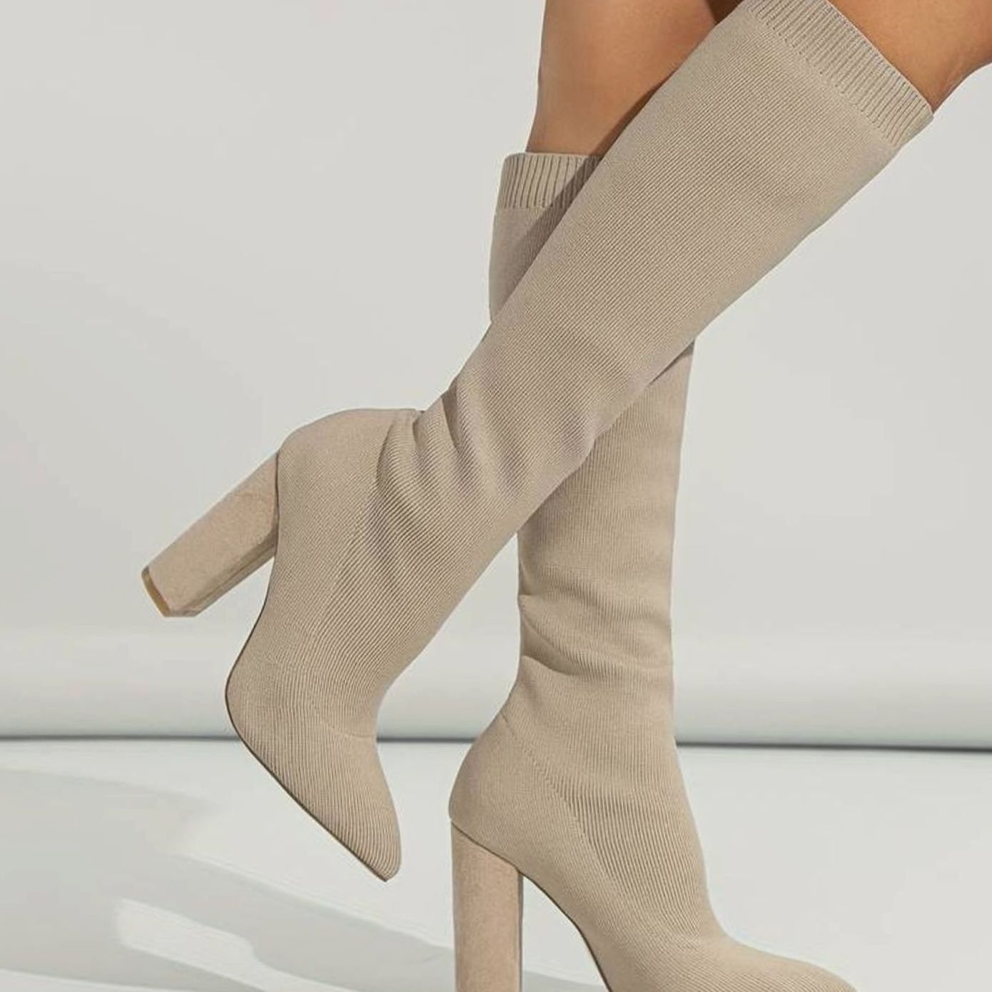 Scarlett | Women’s Stretch Ribbed Knit Pointed Toe Knee-High Sock Boots