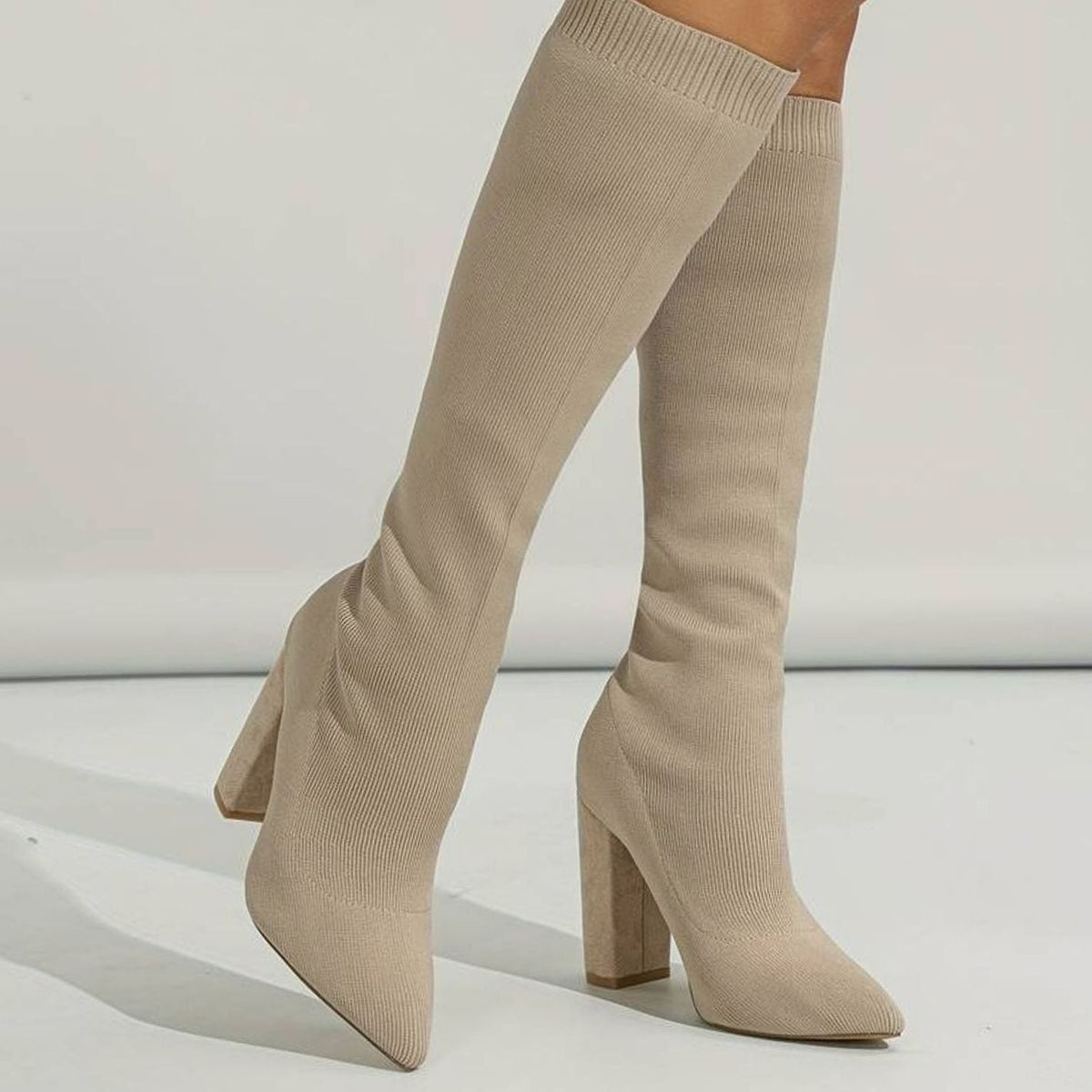 Scarlett | Women’s Stretch Ribbed Knit Pointed Toe Knee-High Sock Boots