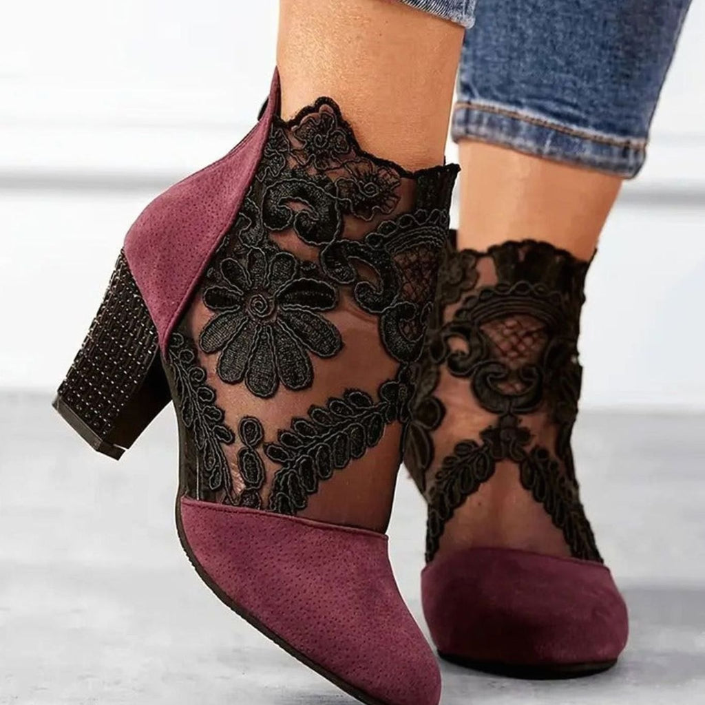 Giselle | Women’s Floral Lace Mesh Plum Suede Block Heel Booties