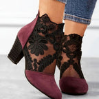 Giselle | Women’s Floral Lace Mesh Plum Suede Block Heel Booties