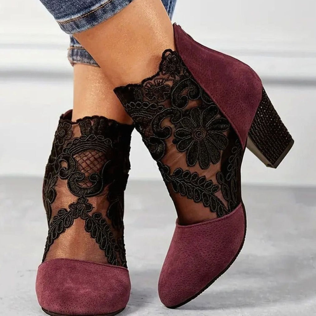 Giselle | Women’s Floral Lace Mesh Plum Suede Block Heel Booties