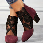Giselle | Women’s Floral Lace Mesh Plum Suede Block Heel Booties