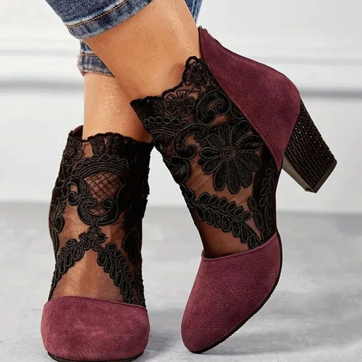 Giselle | Women’s Floral Lace Mesh Plum Suede Block Heel Booties