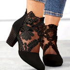 Giselle | Women’s Floral Lace Mesh Plum Suede Block Heel Booties