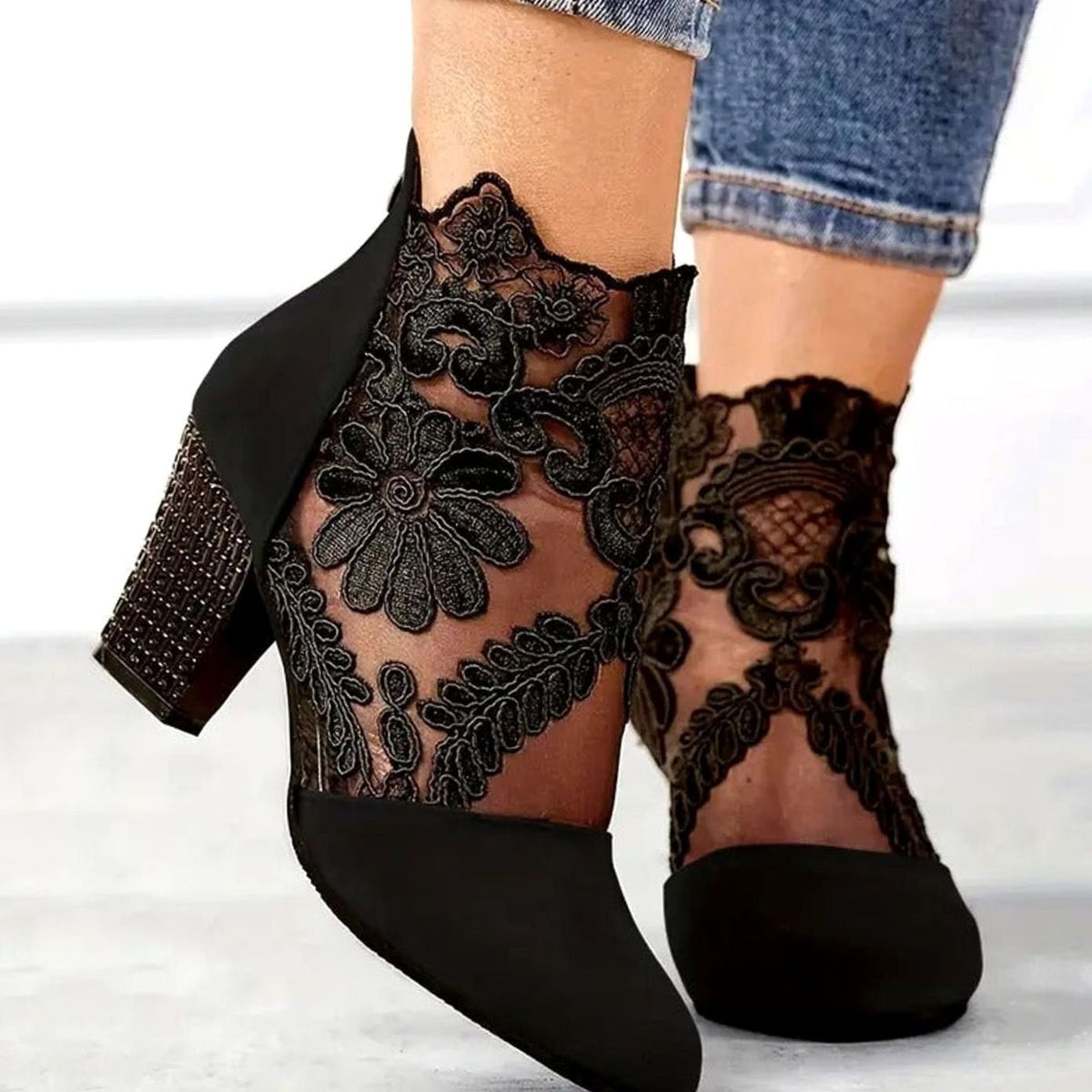 Giselle | Women’s Floral Lace Mesh Plum Suede Block Heel Booties