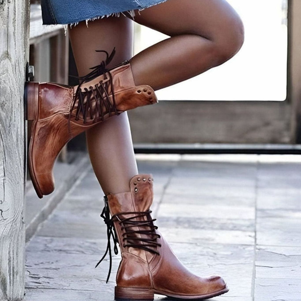 Clover | Women’s Burnished Leather Back-Lace Mid-Calf Boots