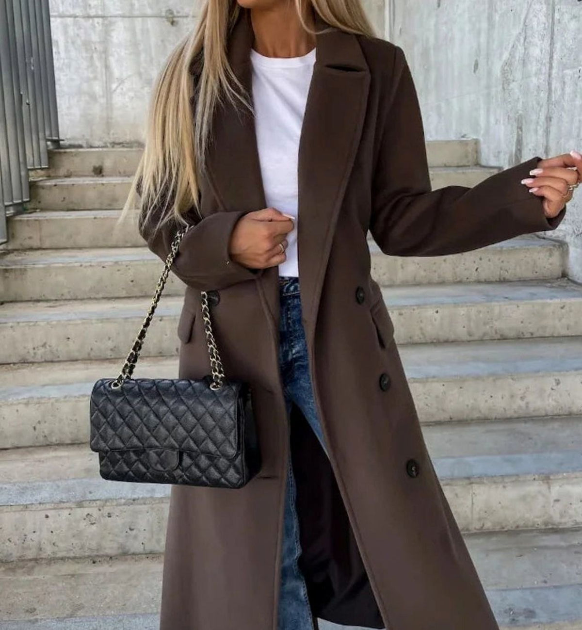 Genevieve | Women’s Double-Breasted Notched Lapel Long Coat