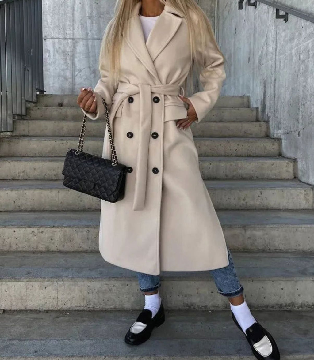 Genevieve | Women’s Double-Breasted Notched Lapel Long Coat