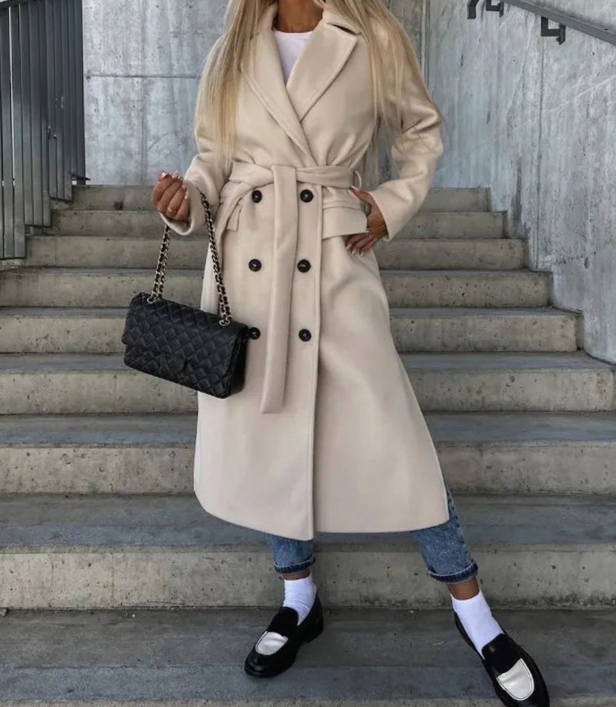 Genevieve | Women’s Double-Breasted Notched Lapel Long Coat